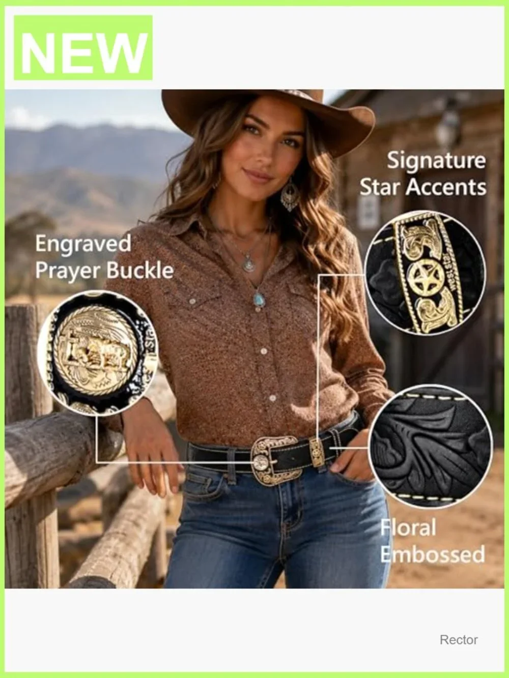 Vintage Embossed Leather Cowgirl Belt with Engraved Western Buckle